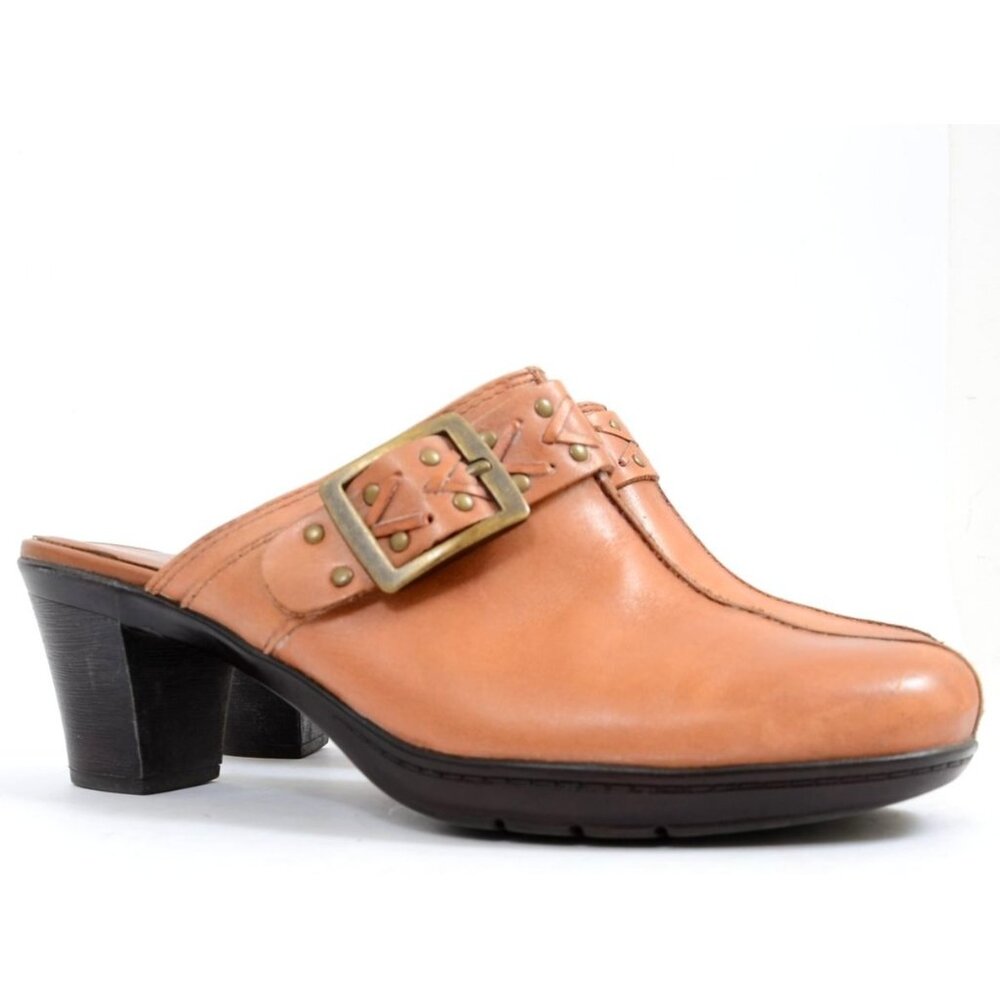 Clarks Bendables Women's 9 WIDE Leather Slip-On Mules Buckle‎ Clogs Western Boho